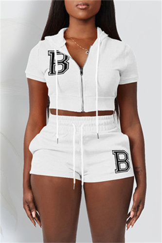 Fashion Casual Letter Solid Embroidered Hooded Collar Short Sleeve Two Pieces