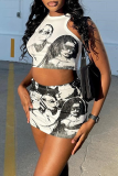 Fashion Print Patchwork O Neck Sleeveless Two Pieces
