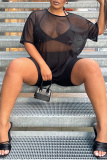 Fashion Sexy Solid See-through O Neck Short Sleeve Two Pieces