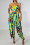 Sexy Casual Print Tie Dye Bandage Backless Spaghetti Strap Sleeveless Two Pieces
