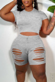 Casual Solid Ripped Patchwork O Neck Short Sleeve Two Pieces