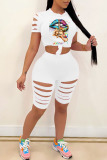 Sexy Print Ripped Split Joint O Neck Short Sleeve Two Pieces