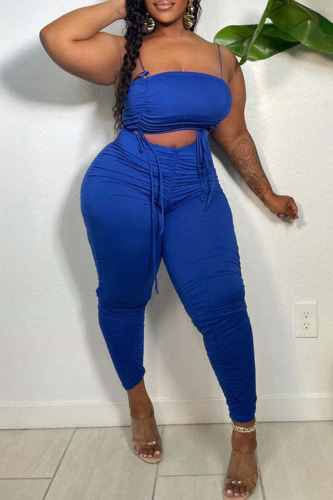 Sexy Solid Split Joint Fold Spaghetti Strap Sleeveless Two Pieces