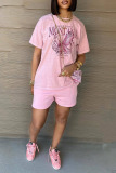 Casual Print Patchwork O Neck Short Sleeve Two Pieces
