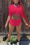 Casual Solid Bandage Patchwork O Neck Short Sleeve Two Pieces