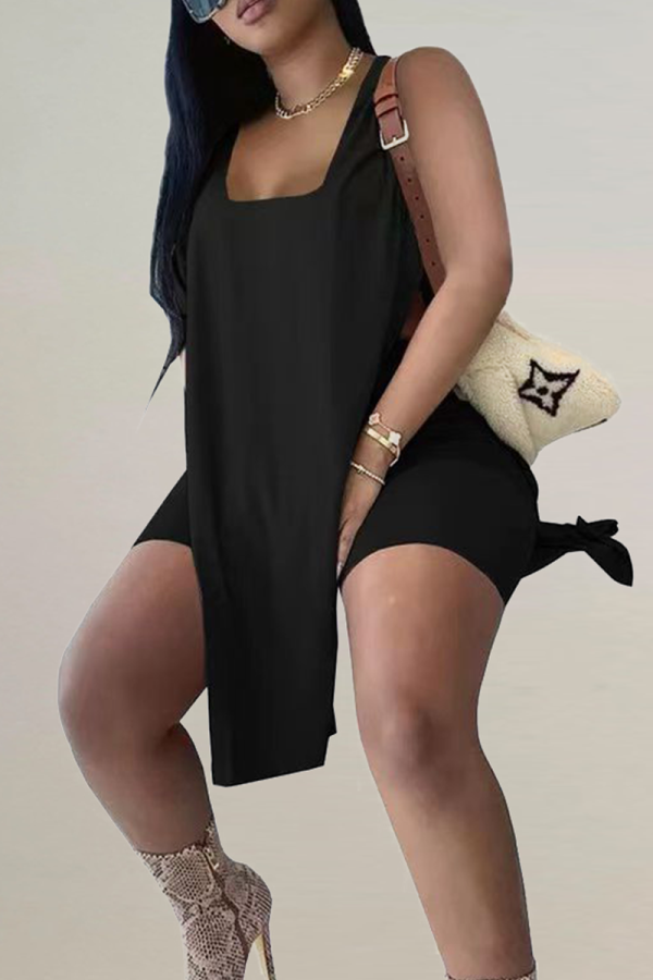 Casual Solid Slit Square Collar Sleeveless Two Pieces