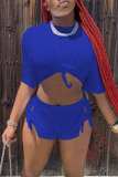 Casual Solid Bandage Patchwork O Neck Short Sleeve Two Pieces
