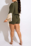 Casual Solid Tassel Bandage Split Joint Buckle V Neck Half Sleeve Two Pieces