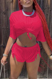 Casual Solid Bandage Patchwork O Neck Short Sleeve Two Pieces