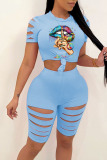 Sexy Print Ripped Split Joint O Neck Short Sleeve Two Pieces