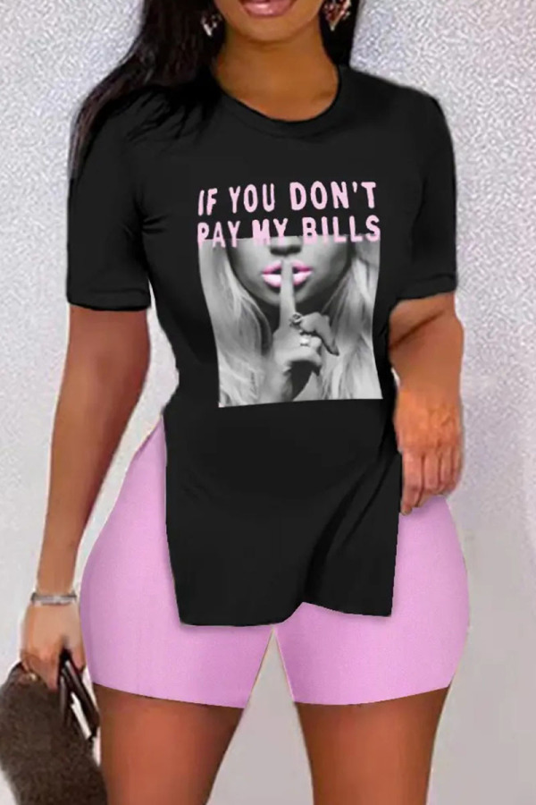 Casual Print Split Joint Slit O Neck Short Sleeve Two Pieces