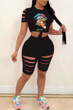 Sexy Print Ripped Split Joint O Neck Short Sleeve Two Pieces