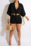 Casual Solid Tassel Bandage Split Joint Buckle V Neck Half Sleeve Two Pieces