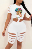 Sexy Print Ripped Split Joint O Neck Short Sleeve Two Pieces