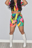 Fashion Casual Print Basic O Neck Short Sleeve Two Pieces
