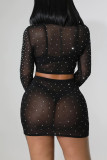 Fashion Sexy Patchwork Hot Drilling See-through O Neck Long Sleeve Two Pieces