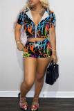 Casual Print Split Joint Hooded Collar Short Sleeve Two Pieces