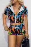 Casual Print Split Joint Hooded Collar Short Sleeve Two Pieces