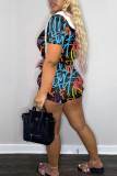 Casual Print Split Joint Hooded Collar Short Sleeve Two Pieces