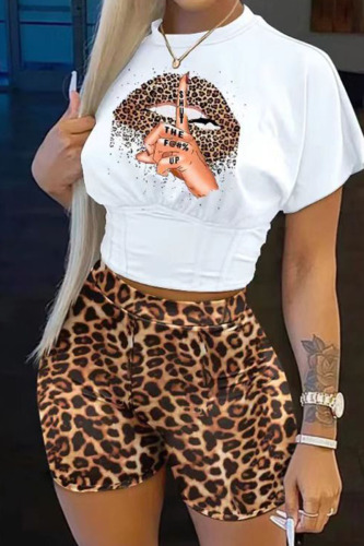 Casual Print Patchwork O Neck Short Sleeve Two Pieces