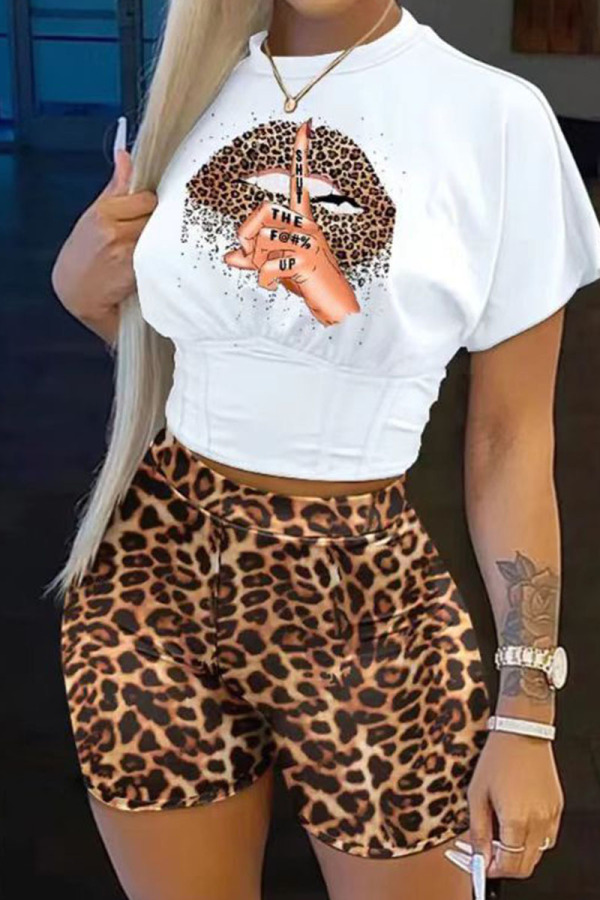 Casual Print Patchwork O Neck Short Sleeve Two Pieces