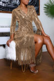 Fashion Elegant Solid Tassel Sequins Patchwork Turn-back Collar Outerwear