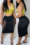Sexy Solid Hollowed Out Patchwork High Waist Pencil Solid Color Skirt Dress