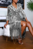 Fashion Elegant Solid Tassel Sequins Patchwork Turn-back Collar Outerwear