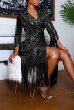 Fashion Elegant Solid Tassel Sequins Patchwork Turn-back Collar Outerwear