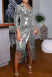 Fashion Elegant Solid Tassel Sequins Patchwork Turn-back Collar Outerwear