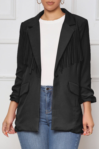Casual Solid Tassel Patchwork Buttons Turn-back Collar Outerwear