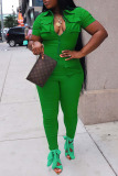 Casual Solid Patchwork Pocket Zipper Collar Regular Jumpsuits