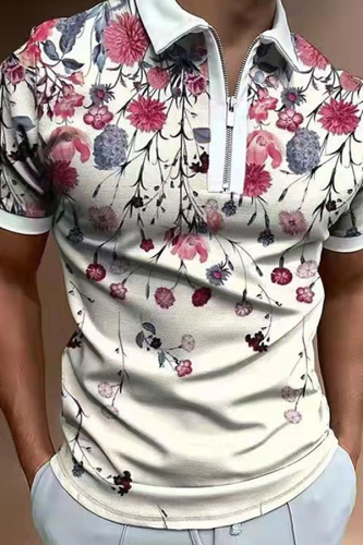 Fashion Casual Floral Split Joint Zipper POLO collar Tops