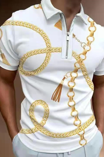 Fashion Casual Print Split Joint Zipper POLO collar Tops