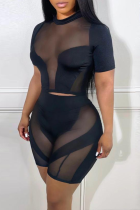 Sexy Solid Mesh O Neck Short Sleeve Two Pieces