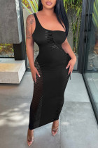 Fashion Sexy Solid Hollowed Out Patchwork Backless One Shoulder Long Dress