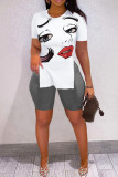 Fashion Casual Print Slit O Neck Short Sleeve Two Pieces