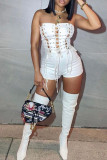 Sexy Solid Bandage Hollowed Out Patchwork Strapless Regular Rompers