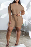 Casual Solid Patchwork O Neck Plus Size Two Pieces