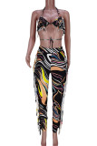 Sexy Print Tassel Bandage Patchwork Halter Sleeveless Two Pieces