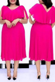 Casual Solid Patchwork Fold O Neck Straight Plus Size Dresses