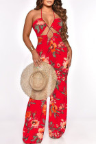 Casual Vacation Print Hollowed Out Patchwork Halter Straight Jumpsuits