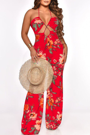 Casual Vacation Print Hollowed Out Split Joint Halter Straight Jumpsuits