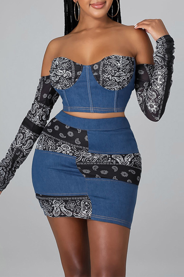 Fashion Sexy Patchwork Print Backless Off the Shoulder Long Sleeve Two Pieces