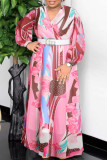 Fashion Casual Print With Belt V Neck Long Sleeve Plus Size Dresses