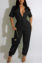 Casual Solid Patchwork Buckle Turndown Collar Regular Jumpsuits