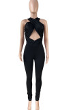 Sexy Solid Hollowed Out Patchwork Backless Asymmetrical Regular Jumpsuits