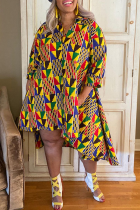 Fashion Print Split Joint Turndown Collar Cake Skirt Plus Size Dresses