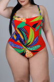 Fashion Sexy Print Backless Spaghetti Strap Plus Size Swimwear (Without Paddings)