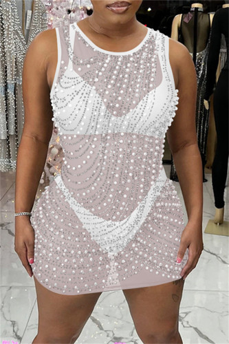 Fashion Sexy Hot Drilling See-through Beading O Neck Sleeveless Dress